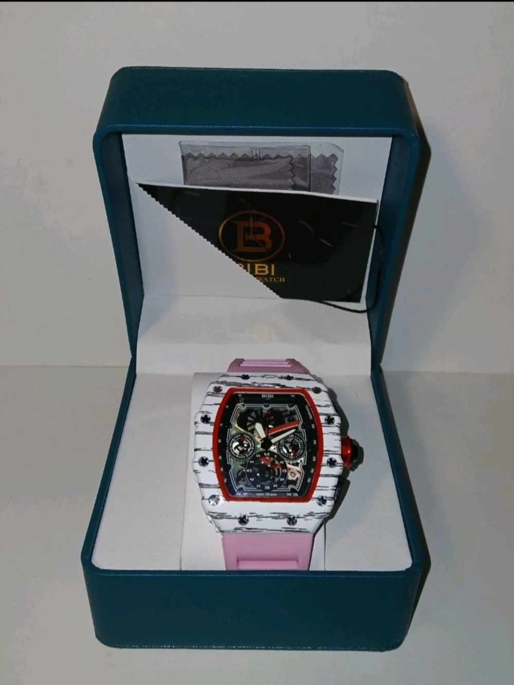 ​BiBi Sports Quartz Watch Chronograph Skeleton Face White Tonneau Pink Rubber